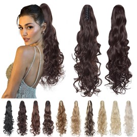 S-noilite 24" Long Curly Ponytail Extension Claw Clip in Ponytails Jaw Clip on Ponytails Hair Extension Hairpiece Synthetic Wave Pony Tails for Women Dark Brown