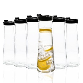 Clear Plastic Water Pitchers Carafes with Flip top Black Lids 34 OZ Heavy Duty Beverage Pitcher Jug for Juice or iced Coffee Great for Mimosa bar Restuarants ot Schools Pack of 6