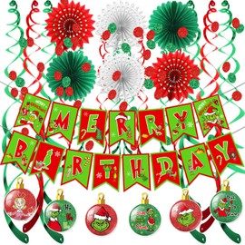 Merry Birthday Banner Christmas Birthday Decorations Christmas Birthday Party Decorations Christmas Birthday Banner Christmas Streamers Paper Fans for Happy Birthday Christmas Decorations