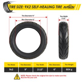 AVOKIN 2 Pack 9x2 Rubber Self-sealing Tubeless Tire, 9 Inch Electric Scooter Tires with Live Glue Repairable for Electric/Mobility/Kick Scooter