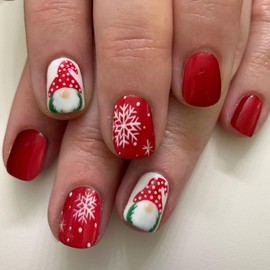 Christmas Red Press on Nails Short, Winter Fake Nails Square Xmas Press on Nails Snowflake with Cute Santa Claus Design Matte False Nails Christmas Acrylic Nails Christmas Glue on nails for Women