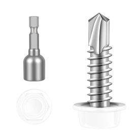 Etauwe #12 x 1 Hex Washer Head Self Tapping Screws, TEK Screws, Self Drilling, Stainless Steel 410 Sheet Metal Screws, White Head, 50 PCS