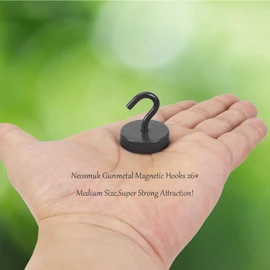 Neosmuk 60lb+ Extra Strong Magnet with Hook for Fridge,Heavy Duty Cruise Hook for Ceiling,Small Magnetic Holder for Van, Tool(Gunmetal, Pack of 6)