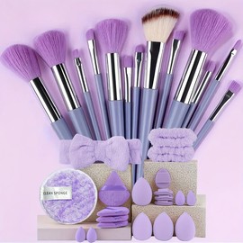 Complete Makeup Brush Full Set for Women, Includes 33 Pieces, 13 Brush Set Cosmetic, 4 Facial Tools, 16 Powder Puffs, Perfect for Travel, Home Use, Makeup Brushes Kits for Gifts:_Purple_one-size