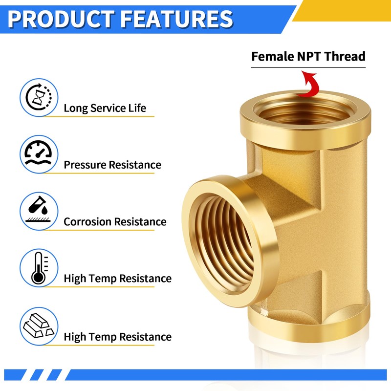 FANOVO 1/2 inch Forged Brass Tee Pipe Fitting, 2Pack 1/2''