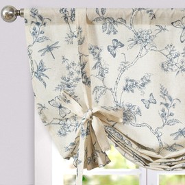 jinchan Linen Floral Valance Tie up Curtains for Small Windows 54 Inch Farmhouse Kitchen Cafe Curtains Rod Pocket Country Tropical Flower for Laundry Room Bathroom Rod Pocket 1 Panel Blue