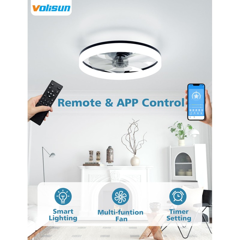VOLISUN Low Profile Ceiling Fans with Lights and Remote, Bladeless