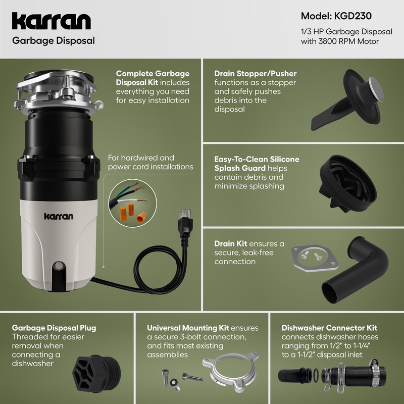 Karran 1/3 HP Quiet Garbage Disposal with Power Cord –