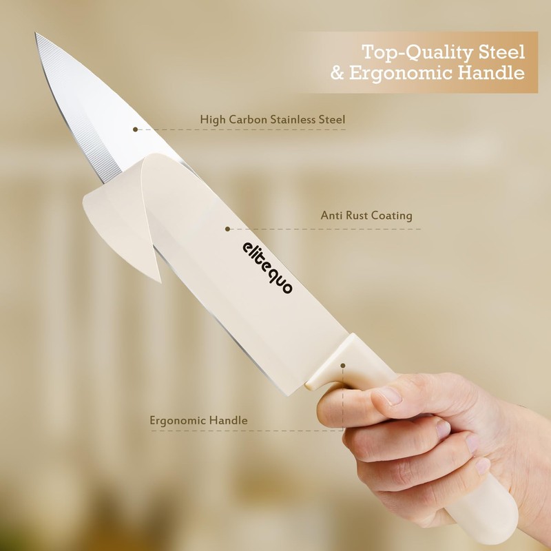 Elitequo 8 Piece Kitchen Knife Block Set with Sharpener,Dishwasher Safe,German