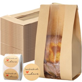 Fullhawl 250 Pcs Bakery Bags with Window and Label Seal Stickers Brown Paper Bread Packages Iron Wire Tie Tab Lock Candy Cookie Kraft Paper Bags for Snacks Pastry Donuts (4.7 x 3.5 x 11.8 Inch)
