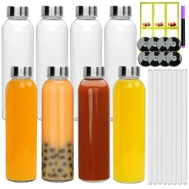 Encheng 16oz Glass Bottles,Reusable Glass Juice Bottles with Lids and Straws,Set of 8,Clear Glass Water Juicer Containers with Two-types of Lid for Beverage,Smoothies,Milk,Iced Coffee,Tea,Sauces
