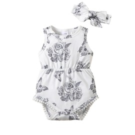 Mioglrie Baby Girl Clothes Summer Baby Girl Outfits Newborn Girl Clothes 3-6 Month Infant Baby Girls' Clothing White Floral Romper Headband Sets