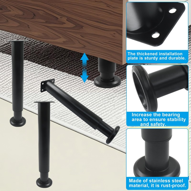 Zorfeter 4Pcs Black Adjustable Height Bed Support Furniture Replacement Legs