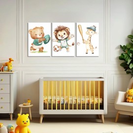 Nursery Canvas Wall Art 3 Piece Bear Lion Giraffe Picture Sports Cub Painting Prints for Kids Room Living Room Bedroom Wall Decor Framed(Art-3,11.00"x14.00"x3P)