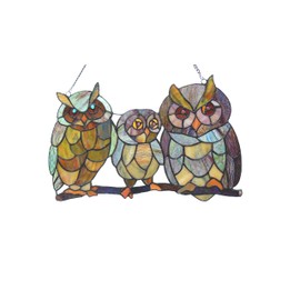 Chloe Lighting Ollie Tiffany Owls Family 11x17 Stained Glass Window Panel, Multi-Color
