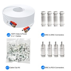 Aimyzii BNC Cable 150ft 4 Pack BNC Video Power Cable,Security Camera Cable for CCTV Camera DVR Security Systems(Included 8X BNC Adapters,100 Pcs Cable Clips)-White