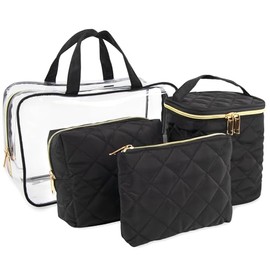 Emma & Chloe Travel Toiletry Bags for Women, 4 Piece Large Waterproof Cosmetic Case Set, Pouch Makeup Organizer Bags for Women, with Handle (Sleek Quilted Black)