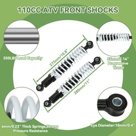 XIKOBY 10" 11" Front Shock Absorbers Kit Compatible with 125cc 110cc Tao tao Coolster ATV Chinese Quad 4 Wheeler, 275mm Shock for 50cc 70cc 90cc Kazuma SunL Go Kart Suspension Parts with Shock Covers