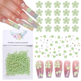 800 Pcs 3D Flower Nail Charms, Green Blossom Beads Pearl Nail Gems and Rhinestones Floral Rhinestone Gems, Petal Acrylic 3D Flowers Nail Art Charms for Nails DIY Design
