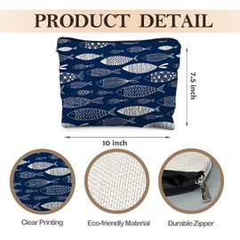 Likjad Blue Beach Fish Makeup Bag, Coastal Beachy Cosmetic Bags for Women, Fish Lover Gifts Makeup Pouch, Ocean Nautical Zipper Pouch