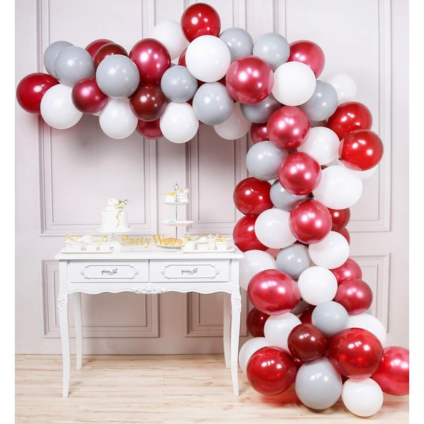 PartyWoo Burgundy Gray White Balloons 80 pcs Balloon Pack 12'' Burgundy Balloons Wine Red Balloons Gray Balloons White Balloons for Burgundy Baby Shower Decorations, Gray Wedding Decorations