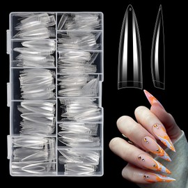 Quaferen XL Stiletto Nail Tips，504PCS No C Curve Tips for Acrylic Nails, Clear Nail Tips Stiletto, Half Cover Almond False Nail Extension for Salons Home DIY 12 Sizes