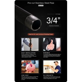 SupplyGiant 3/4 x 18 Inch Black Steel Pipe, Heavy Duty Industrial Malleable Iron Pipes, Pre Cut Threaded Nipple Great For All DIY Furniture And Black Pipe Shelving