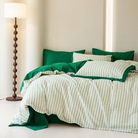 SUSYBAO Green Striped Duvet Cover Queen 100% Washed Cotton 3 Pcs Set 1 Vertical Pinstripe Duvet Cover with Zipper Ties 2 Pillow Shams Soft Ticking Stripe Bedding Set