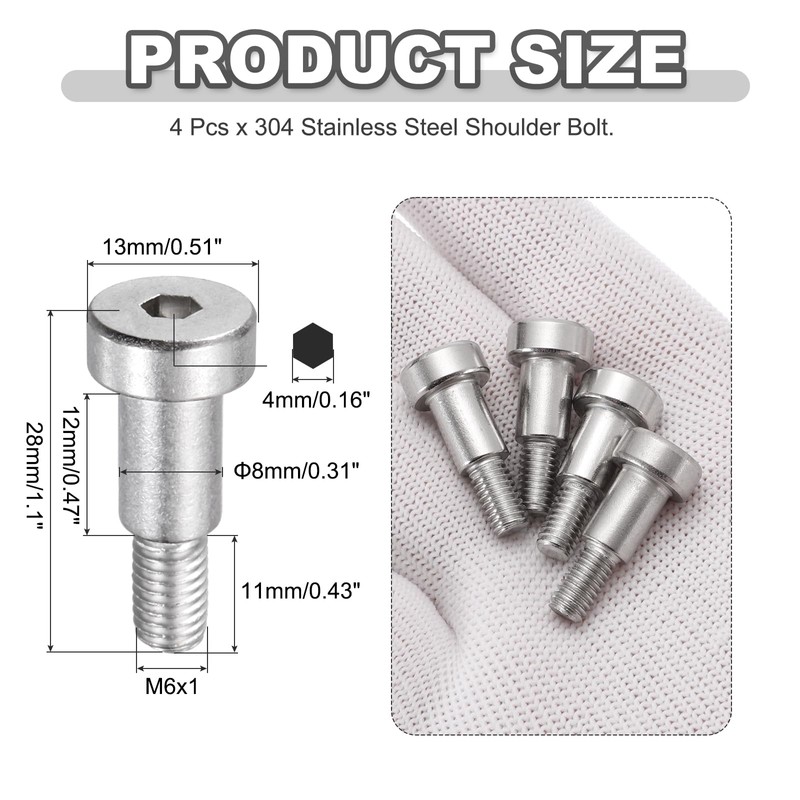 sourcing map 4 Pcs 304 Stainless Steel Shoulder Bolt 8mm