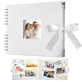 8 Inch Vintage Photo Album, Square Scrapbook Photo Albums 30 Pages, with White (21 x 21 cm) Thick Paper, Hardcover, Metal Corners, Ribbon Closure for Scrapbooking Albums, Art and Craft, White
