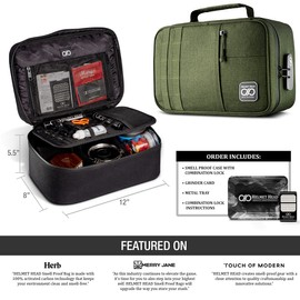 HELMET HEAD Smell Proof Bag and Stash Box, Water Repellent XL Travel Bag with Combo Lock for Your Mason Jars and Smell Proof Containers. Includes Grinder Card and Metal Tray (Herb Green)