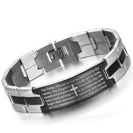 Flongo Men's Vintage Stainless Steel Black Cross English Bible Lords Prayer Link Wrist Bracelet