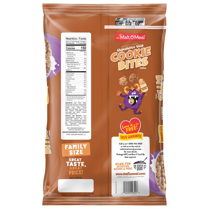 Malt-O-Meal Chocolatey Chip Cookie Bites Kids Breakfast Cereal, Family Size