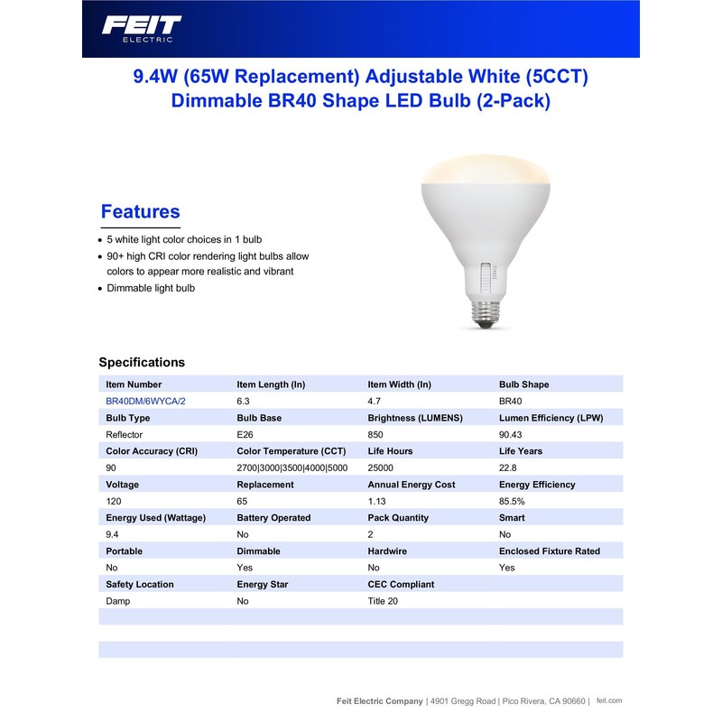 Feit Electric BR40 LED Light Bulb, 65W Equivalent, Dimmable, Color