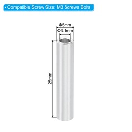 PATIKIL M3 Aluminum Spacers, 10 Pcs Metal Spacer Aluminum 3.1mm ID x 5mm OD x 25mm L Aluminum Spacer Screw Standoff Round for M3 Screw Bolts