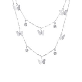 Vintage Double Row Necklace with Butterfly Pendant Silver for Women Girls Ladies, Boho Multi-Row 2 Rows Retro Butterfly Necklace Choker Chain Fashion Jewellery Girlfriend Mother Gifts, Metal