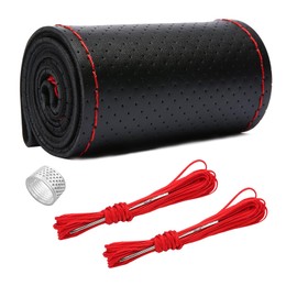 Ziciner Genuine Leather Steering Wheel Cover, Stitch on Wrap, Breathable Anti-Slip Car Steering Wheel Protector for Max Diameter 15 Inch, DIY Sewing with Needles Thread (Black/Red Line, Hole)