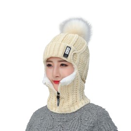 Umeloeo Women's Knit Hat, Cold Protection, Integrated Knit Hat, Neck Warmer, Earmuff, Bonbon Included, Mask, Wool Knitting, Balaclava, Windproof, Cold Protection, Cute, Zipper Opening, Fluffy,