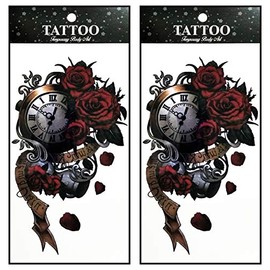Tattoos 2 Sheets Clock Time Red Rose Flowers Art Fantasy 3D Tattoo Waterproof Stickers Removable Temporary Body Arm Fake Art Sticker