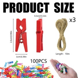 wodehahagou103PCS Mini Pegs,Coloured Mini Pegs for Photos Wooden Photo Clips Small Pegs for Hanging Photos, String and Pegs for Photos for Decorative Photo Paper Wall