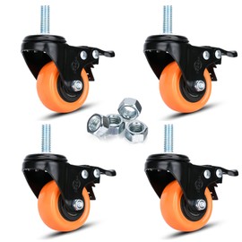 50 mm Swivel Caster Wheels 2 Inch Heavy Duty Threaded Stem Casters 3/8"-16x1" Safety Dual Locking Industrial Castors Set of 4 Load Bearing 270kg Caster with Brakes Wheels for Cart, Furniture