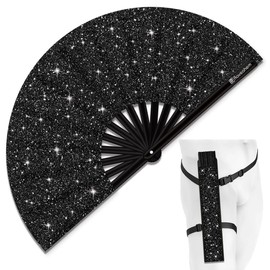 Raveahem Raveahem Glitter Large Rave Folding Clack Hand Fan with holster for men/women Handheld Fan for EDM,Festival,Club,Party,Dance (Blk)