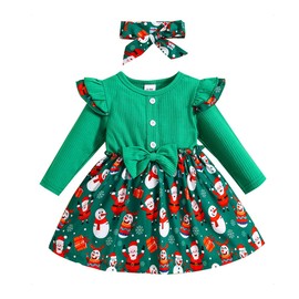 KONFEN Baby Girl Toddler Dress - Ruffle Long Sleeve Bowknot Suspender Dresses with Headband, Newborn Toddler Rib Knit Dress Set Outfits for Spring Autumn Winter for 2-3 Years (Christmas Pattern)