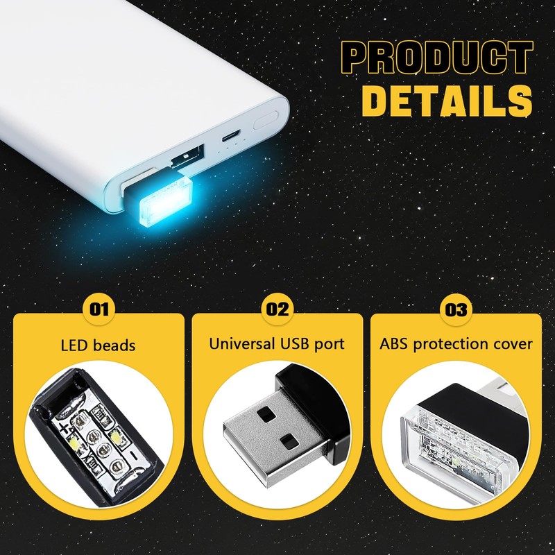 Wuyaoyao 4PCS USB LED Car Interior Atmosphere Lamp, Plug-in USB
