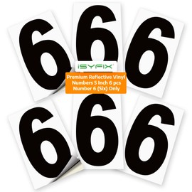 iSYFIX Black Vinyl Number 6 (Six) Stickers - 6 Pack 5 inch - Premium Decal, Reflective Background, Pre-Spaced for Mailbox, Signs, Window, Door, Cars, Truck, Home, Business, Address, Indoor & Outdoor