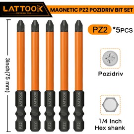 Pozidriv Bit Set, LATTOOK 5-Piece PZ2 Pozi Bit Set, Magnetic S2 Steel Pozidriv Screwdriver, 3'' Long