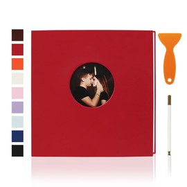 RECUTMS Photo Album Self Adhesive with Round Window 4x6 5x7 6x8 8x10 Magnetic Scrapbook with 40 Pages Leather Cover DIY Photo Album with Metallic Pen and Scraping Plate (Red)
