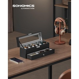 SONGMICS 6-Slot Watch Box, Lockable Watch Case with Glass Lid, 2 Layers, with 1 Drawer for Rings, Bracelets, Gift Idea, Black Synthetic Leather, Gray Lining UJWB060G01