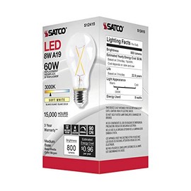 Satco S12415, 8 Watt, A19, Clear, Medium Base, 3000K, 90 CRI, 120 Volt LED Bulb