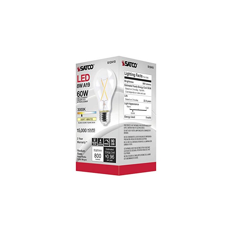 Satco S12415, 8 Watt, A19, Clear, Medium Base, 3000K, 90